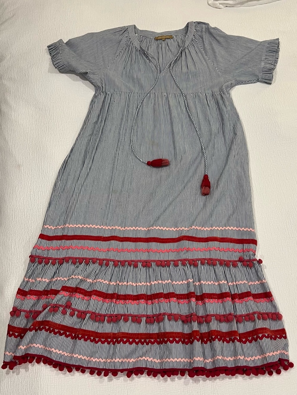 Midi Striped Dress with Red Trim and Tassels Womens Small - Picture 2 of 11